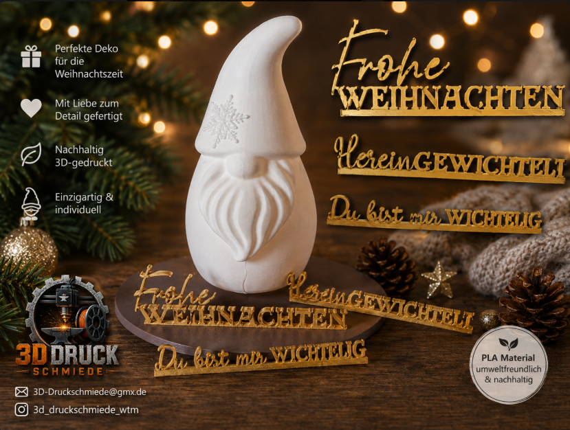 🎄 Beleuchteter Weihnachtswichtel mit 3 Schriftzügen – 15 cm – festliche 3D-Deko